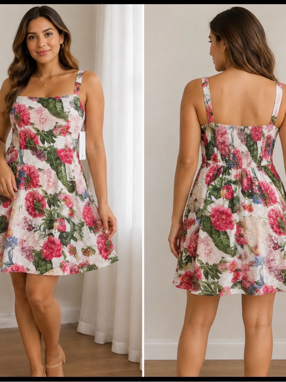 Aqua Floral Eyelet Strapless Sundress in Pink & Green